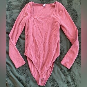 Pink Square Neck Long Sleeve Ribbed Bodysuit